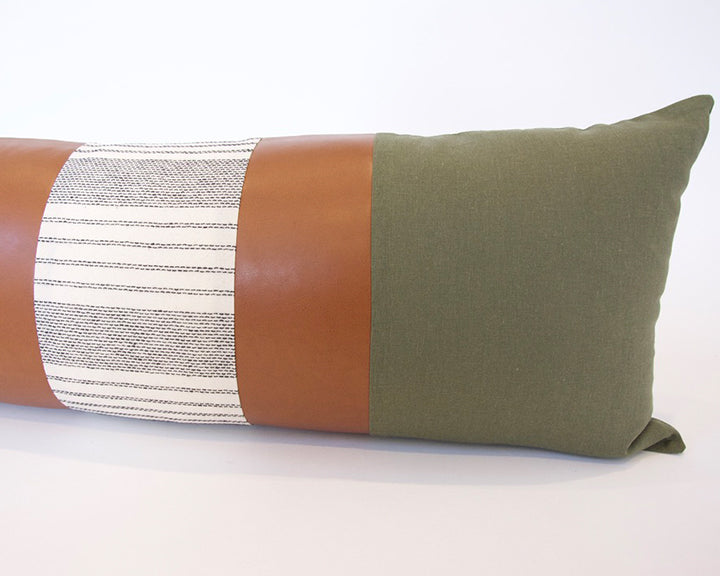 Mix & Match: Army Green & White Stripe / Faux Leather Extra Long Lumbar Pillow - 14x36