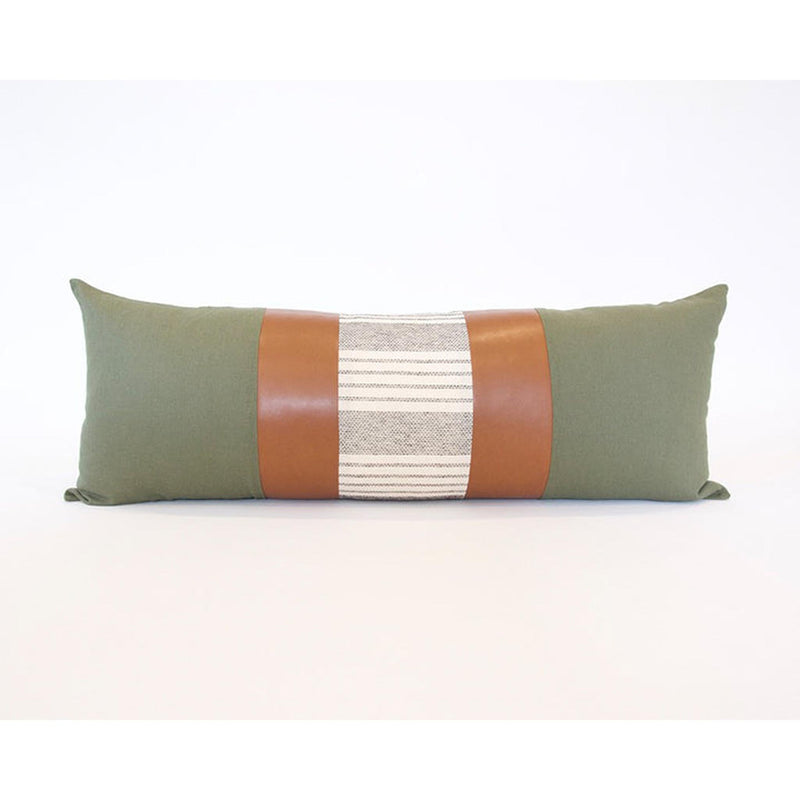 Mix & Match: Army Green & White Stripe / Faux Leather Extra Long Lumbar Pillow - 14x36 pillow
