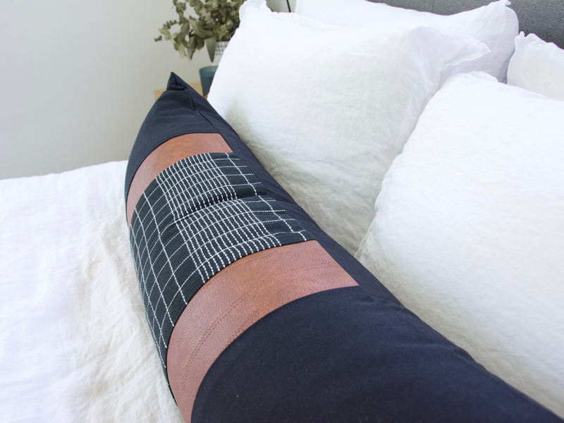 Mix & Match: Black Grid / Faux Leather Extra Long Lumbar Pillow - #1 - 14x36
