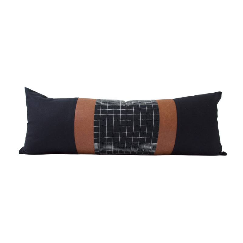 Mix & Match: Black Grid / Faux Leather Extra Long Lumbar Pillow - #1 - 14x36