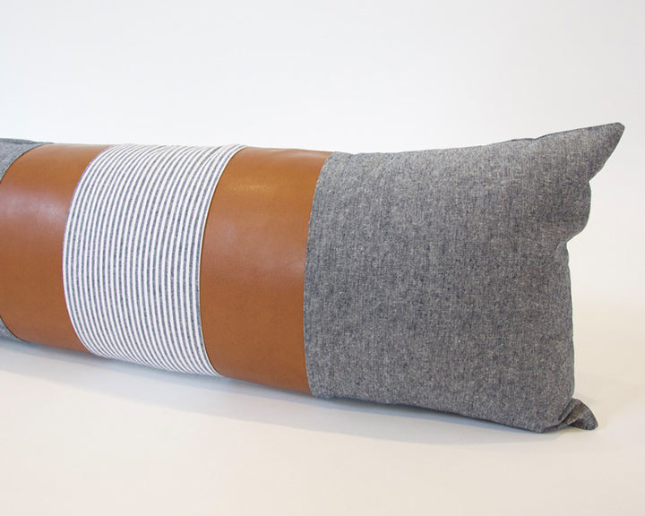 Mix & Match: Blue & White Stripe / Faux Leather Extra Long Lumbar Pillow - 14x36