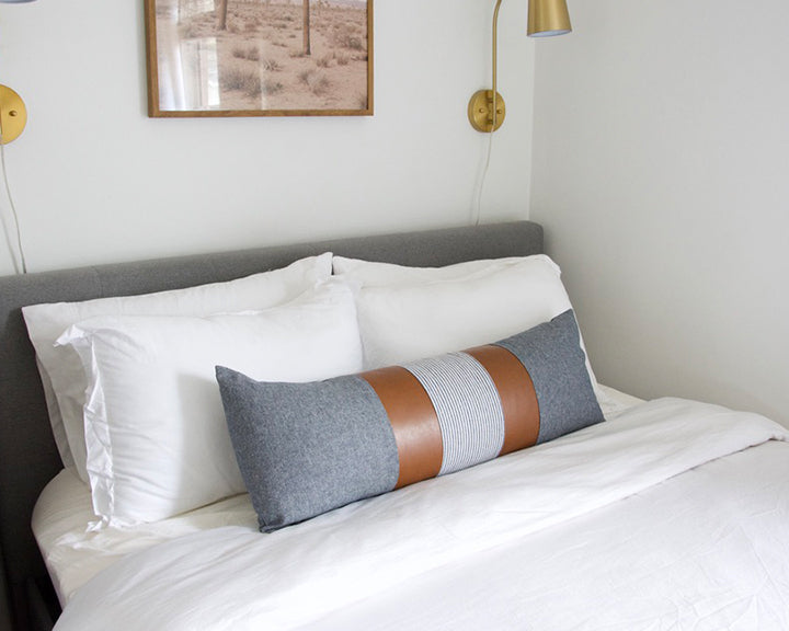 Mix & Match: Blue & White Stripe / Faux Leather Extra Long Lumbar Pillow - 14x36