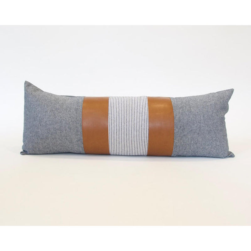 Mix & Match: Blue & White Stripe / Faux Leather Extra Long Lumbar Pillow - 14x36 pillow