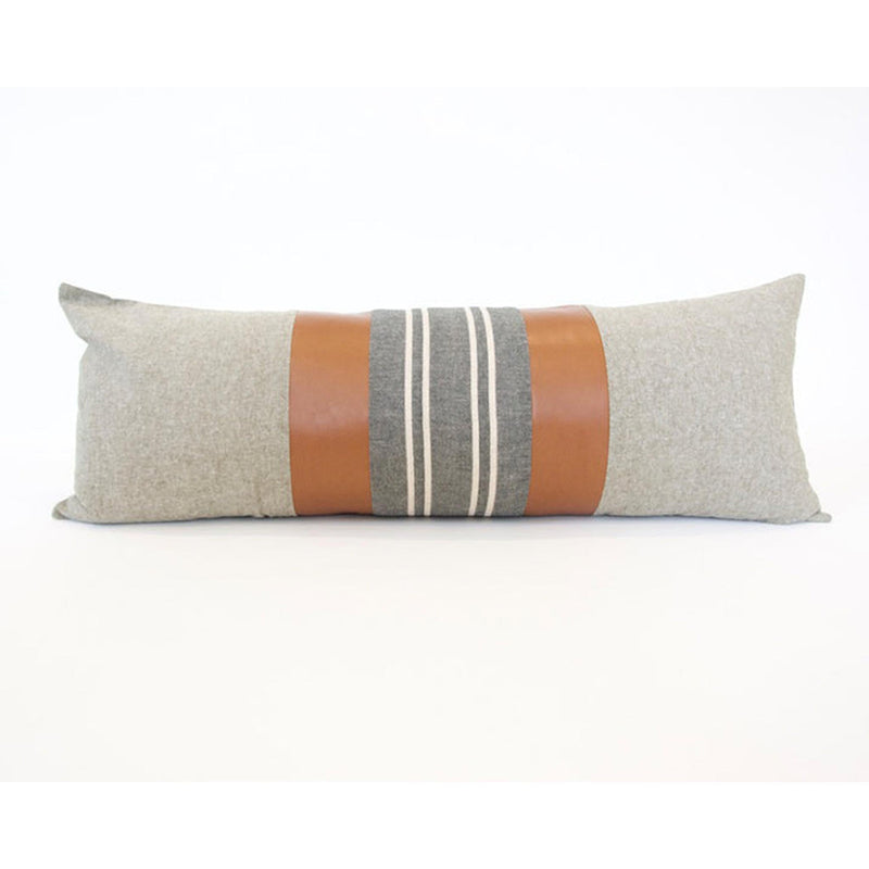 Mix & Match: Olive Green & Dark Grey Stripe / Faux Leather Extra Long Lumbar Pillow - 14x36 pillow