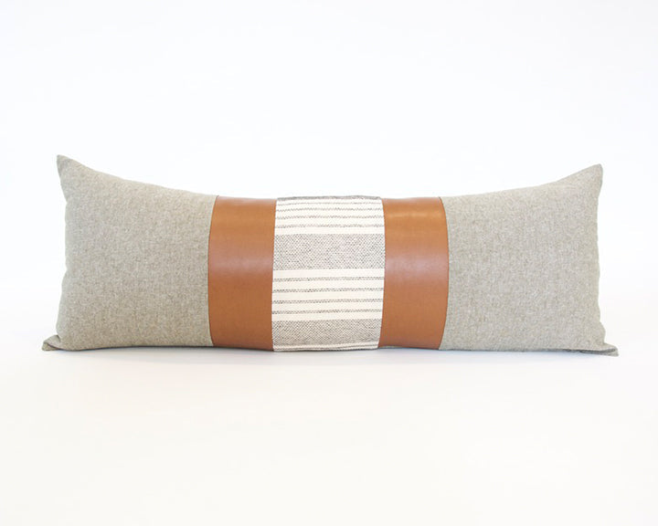 Mix & Match: Olive Green & White Stripe / Faux Leather Extra Long Lumbar Pillow Case - 14x36