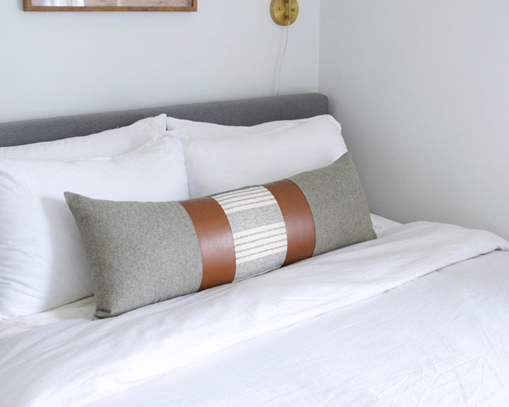 Mix & Match: Olive Green & White Stripe / Faux Leather Extra Long Lumbar Pillow Case - 14x36