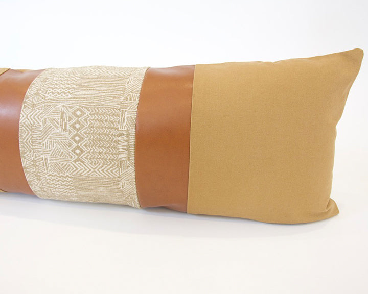 Mix & Match: Tan & Natural Safari / Faux Leather Extra Long Lumbar Pillow Case - 14x36