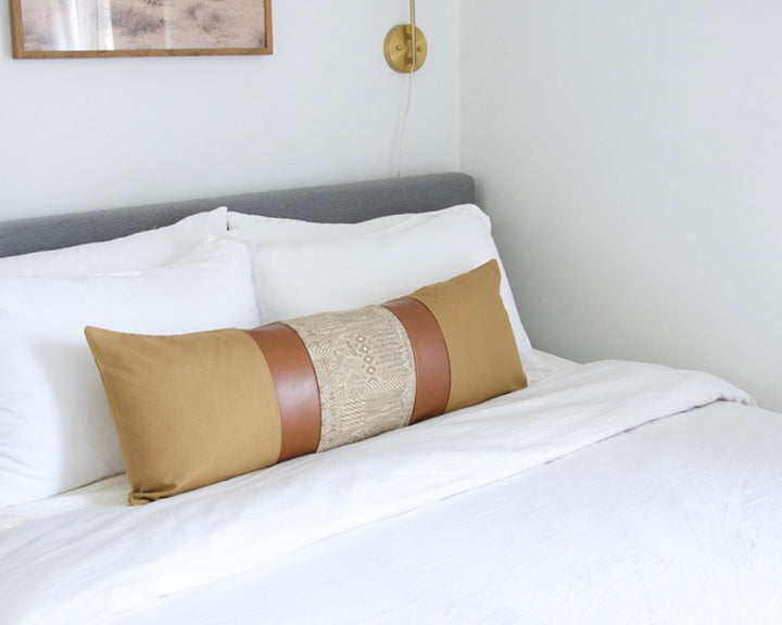 Mix & Match: Tan & Natural Safari / Faux Leather Extra Long Lumbar Pillow Case - 14x36