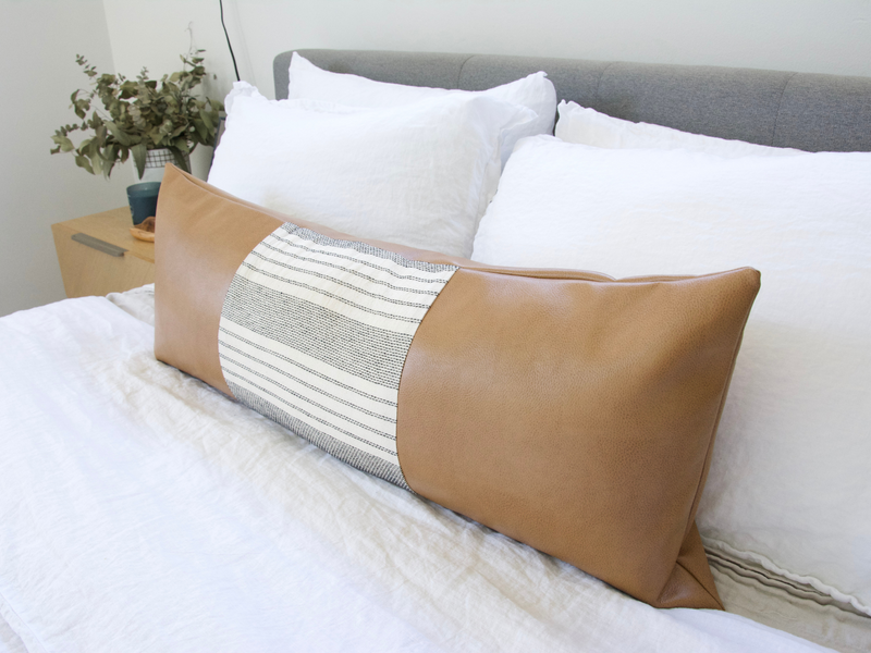 Mix & Match: White Stripe / Brown Faux Leather Extra Long Lumbar Pillow Case - 14x36