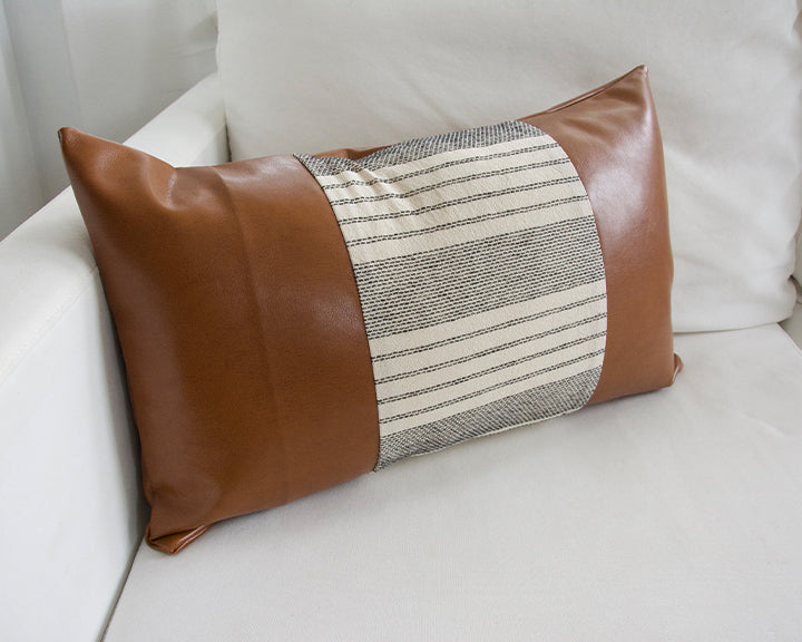 Mix & Match: White Stripe / Faux Leather Lumbar Pillow - 14x22