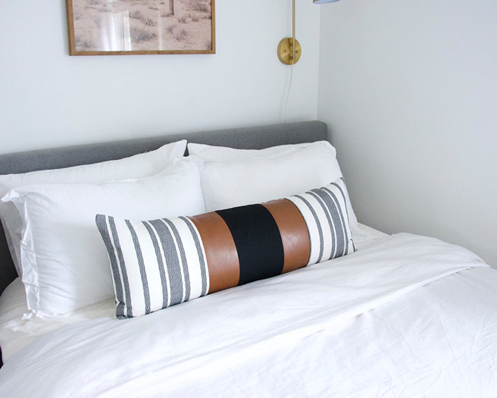 Mix & Match: White & Black Stripe / Faux Leather Extra Long Lumbar Pillow - 14x36