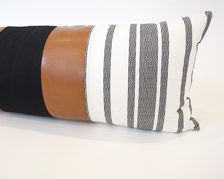 Mix & Match: White & Black Stripe / Faux Leather Extra Long Lumbar Pillow - 14x36