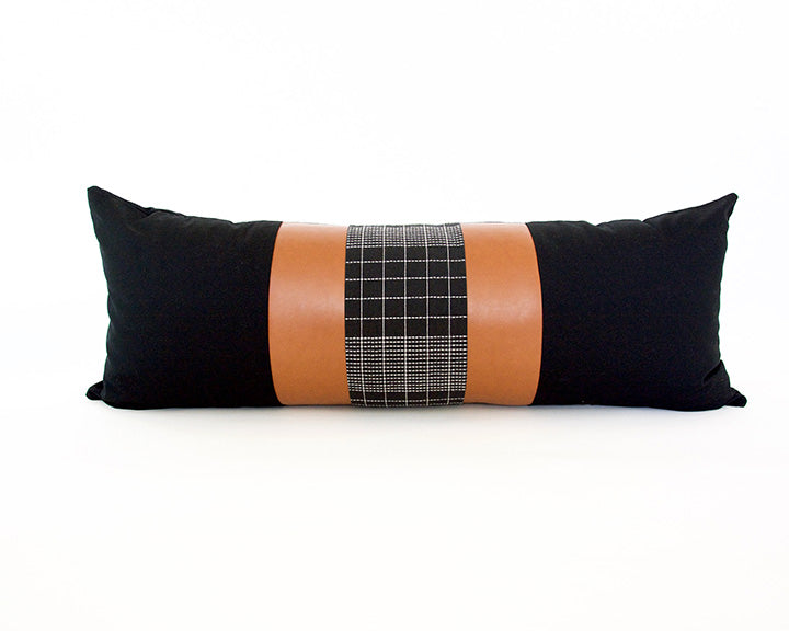 Mix & Match: Black Grid / Faux Leather Extra Long Lumbar Pillow - 14x36