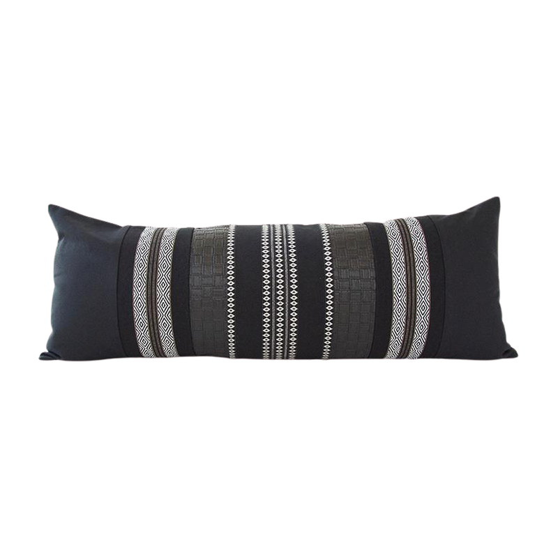 Mixed: Black Diamond & Southwest Stripes / Black Faux Leather Extra Long Lumbar Pillow - 14x36 pillow