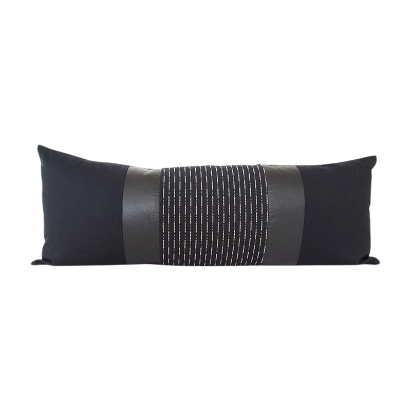 Mixed: Black Running Stitch / Black Faux Leather Extra Long Lumbar Pillow Case - 14x36 pillow