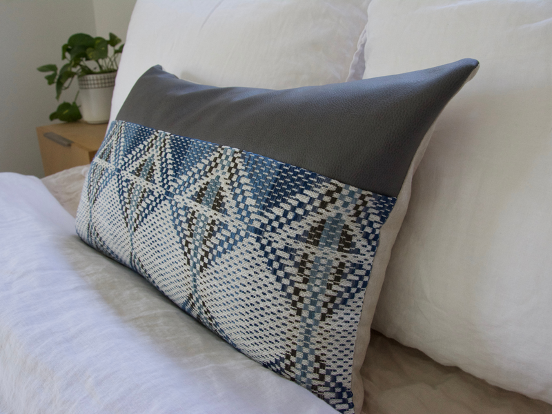 Mixed: Adoette Indigo + Faux Leather Lumbar Pillow Case - 14x22