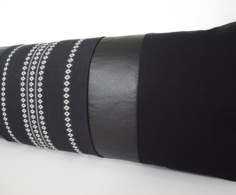 Mixed: Black Diamond / Black Faux Leather Extra Long Lumbar Pillow Case - 14x36