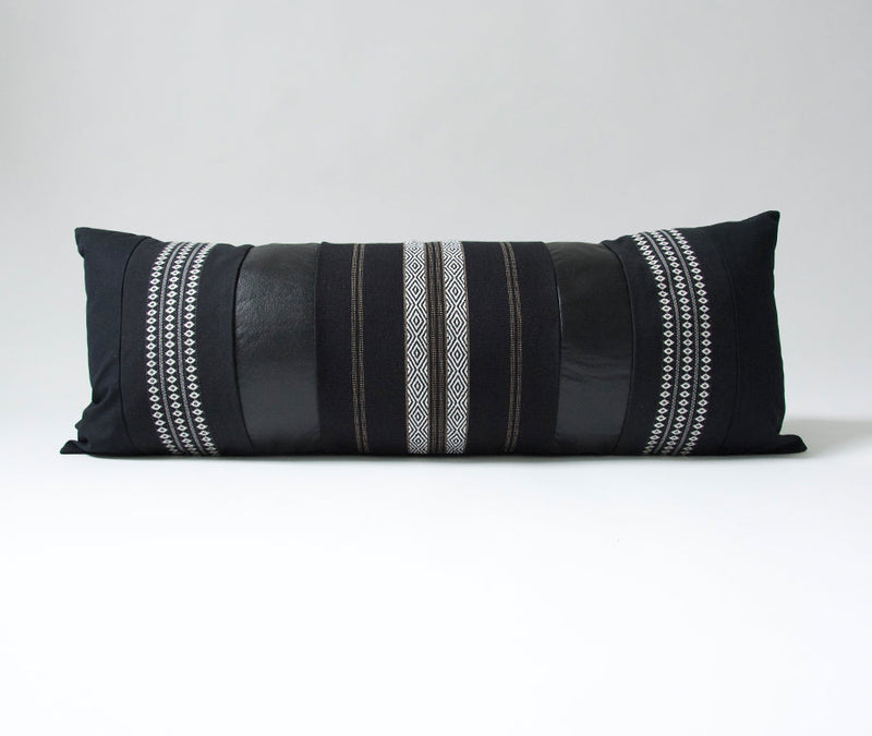 Mixed: Black Diamond & Southwest Stripes / Black Faux Leather Extra Long Lumbar Pillow #1 - 14x36