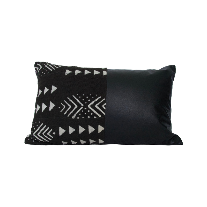Mixed: Black Mud Cloth + Faux Leather Lumbar Pillow Case - 14x22