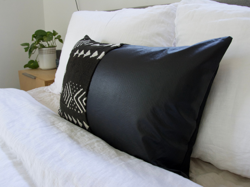 Mixed: Black Mud Cloth + Faux Leather Lumbar Pillow Case - 14x22