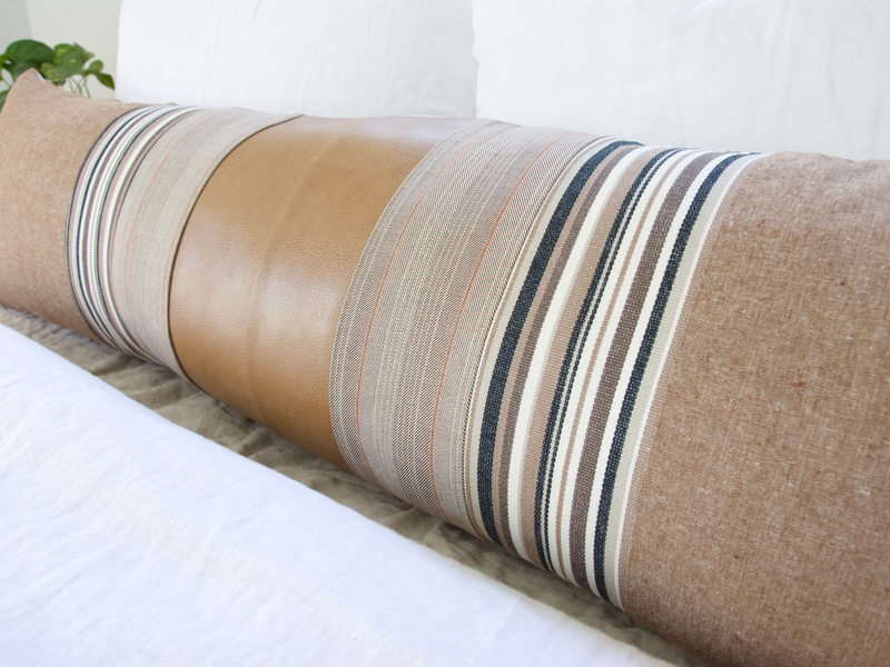 Mixed: Brown & Black Striped / Faux Leather Extra Long Lumbar Pillow Case - 14x50