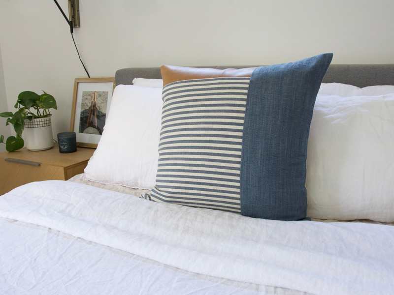 Mixed: Faux Leather, Large Blue Stripes and Solid Blue Pillow Case - 22x22