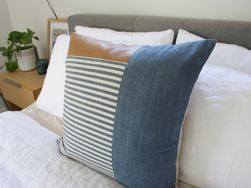 Mixed: Faux Leather, Large Blue Stripes and Solid Blue Pillow Case - 22x22