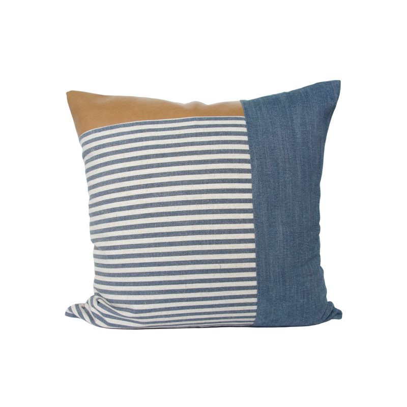 Mixed: Faux Leather, Large Blue Stripes and Solid Blue Pillow Case - 22x22