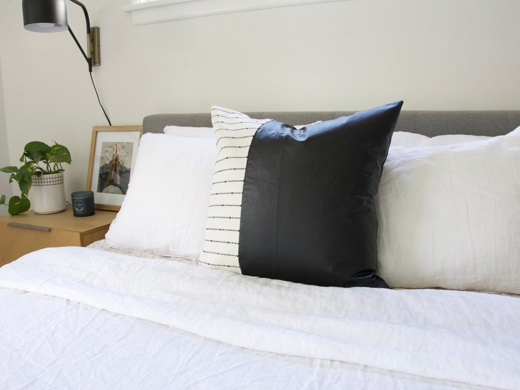 Mixed: Faux black leather and White Stripe Pillow Case - 22x22