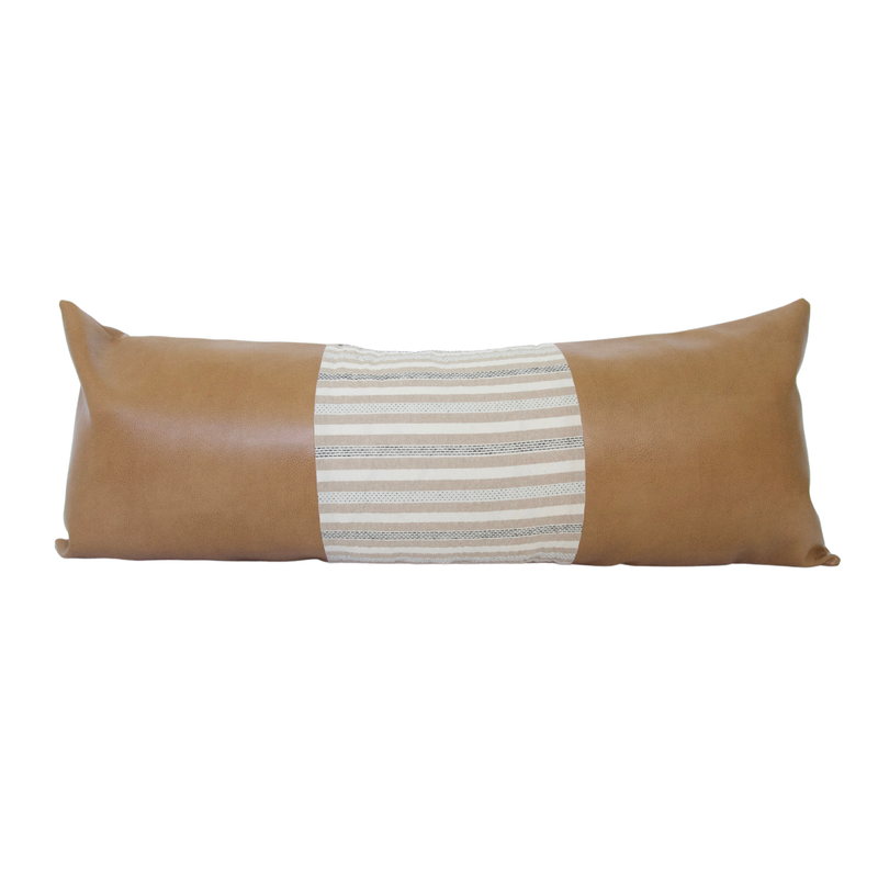 Mixed: Nude & Black Striped / Faux Leather Extra Long Lumbar Pillow Case - 14x36