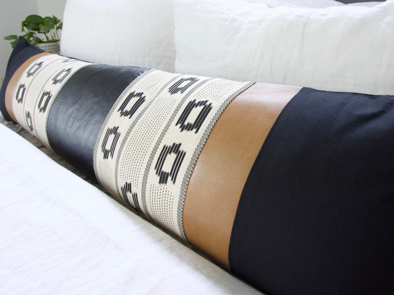 Mixed: Off White & Black / Faux Leather Extra Long Lumbar Pillow Case - 14x50