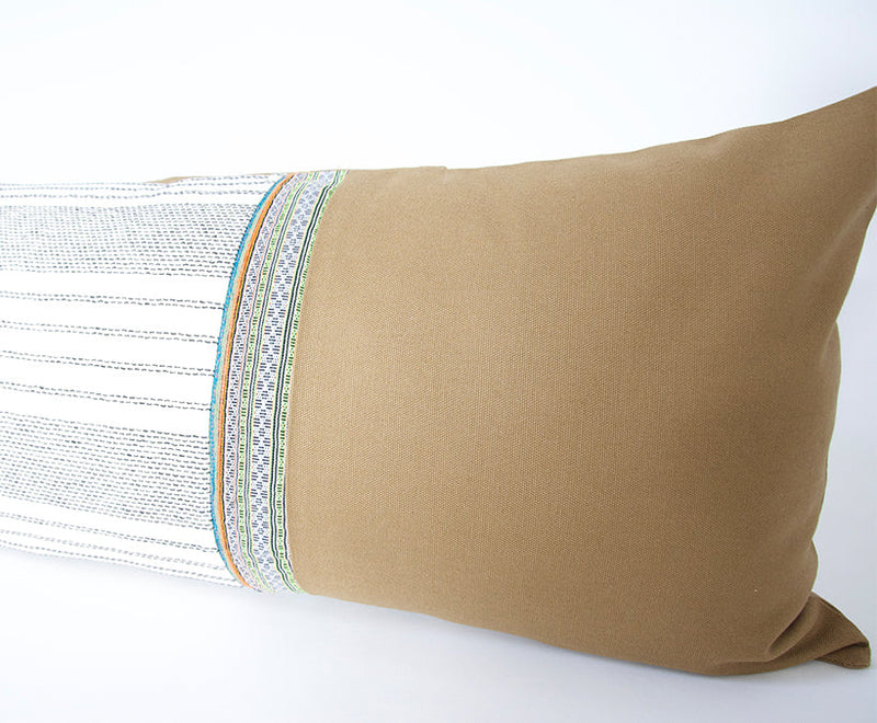 Mixed: Tan, White Stripe & Hmong Extra Long Lumbar Pillow - 14x36