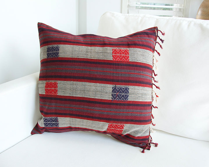 Naga Tribal Accent Pillow - Red, Purple, Burgundy - 20x20 (With Fringe)