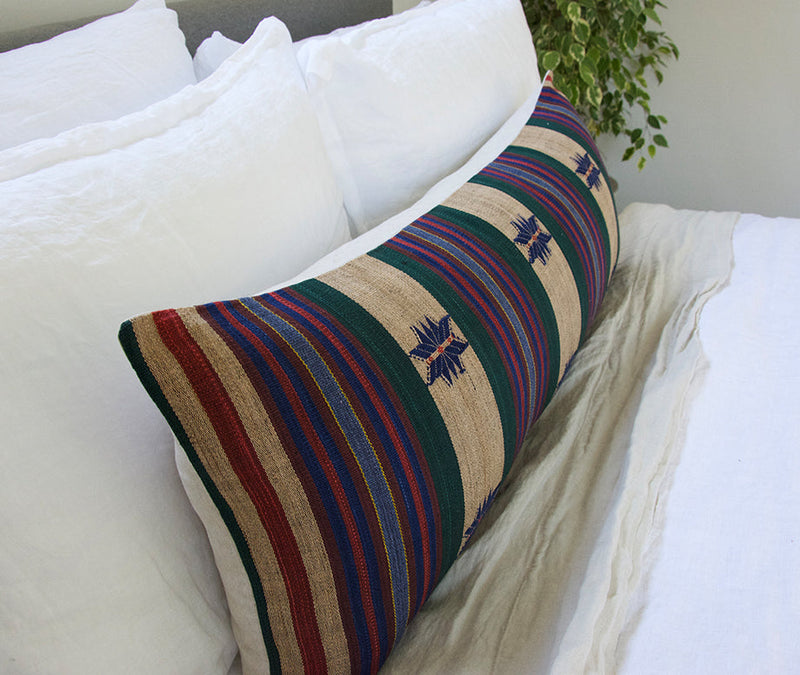 Naga Tribal Extra Long Lumbar Pillow - Green, Blue, Red #1 - 14x36