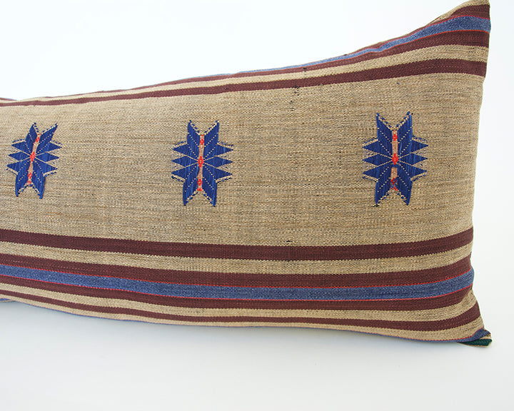 Naga Tribal Extra Long Lumbar Pillow - Pale Brown, Blue & Burgundy - 14x36