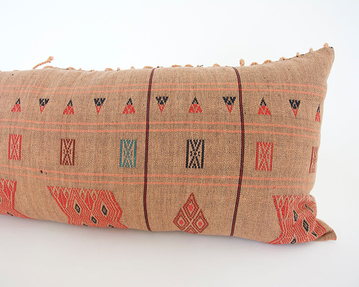 Naga Tribal Extra Long Lumbar Pillow - Peach, Burgundy - 14x36
