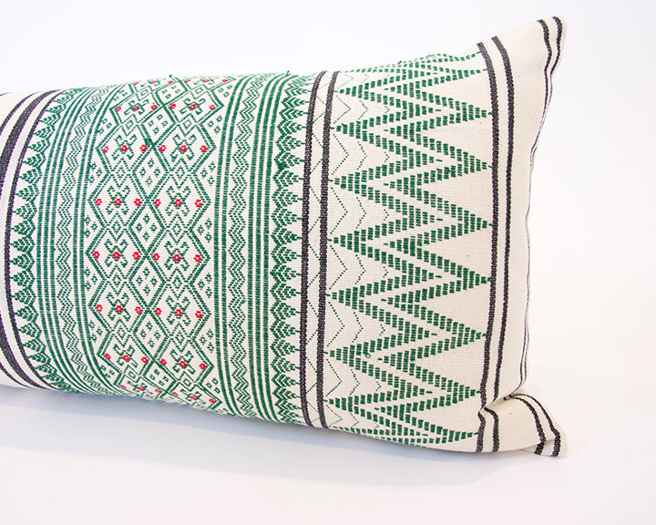 Naga Tribal Extra Long Lumbar Pillow: Cream & Green - 14x36