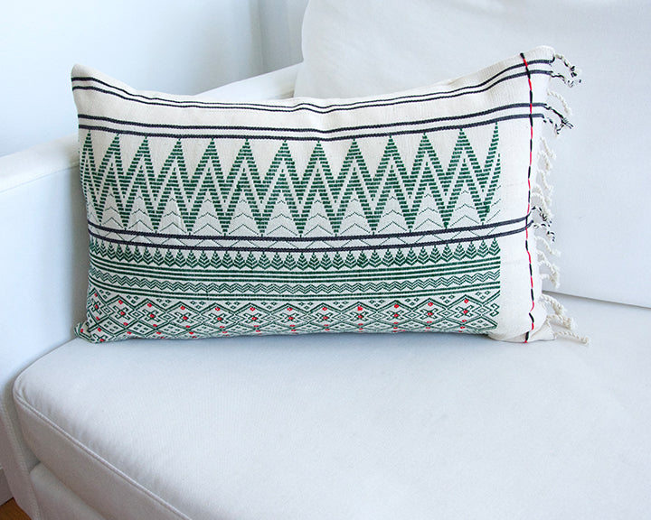 Naga Tribal Lumbar Pillow - Cream & Green - 14x22
