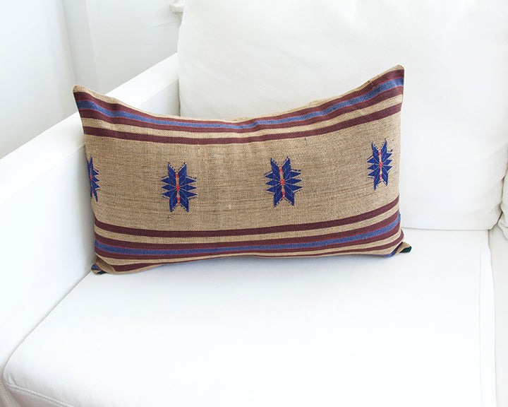 Naga Tribal Lumbar Pillow - Pale Brown, Blue & Burgundy - 14x22