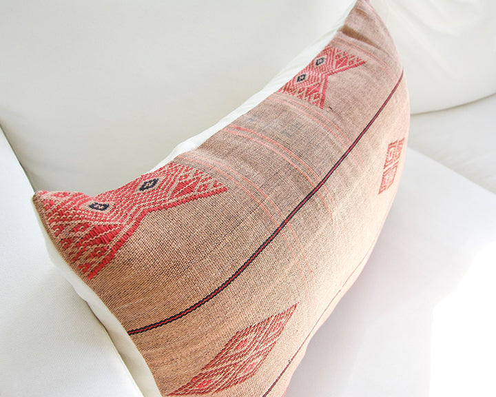Naga Tribal Lumbar Pillow - Peach, Burgundy - 14x22
