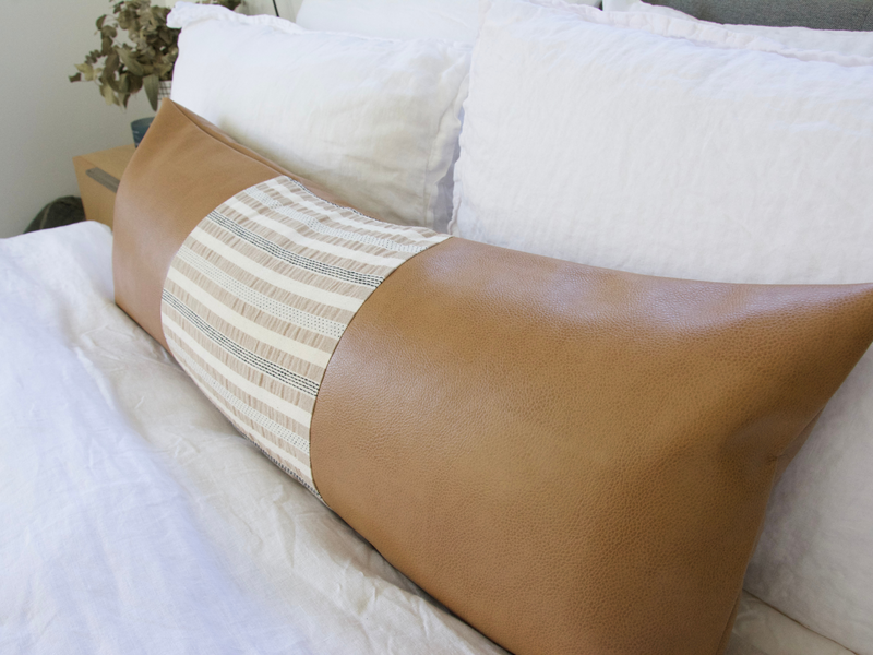 Mixed: Nude & Black Striped / Faux Leather Extra Long Lumbar Pillow Case - 14x36
