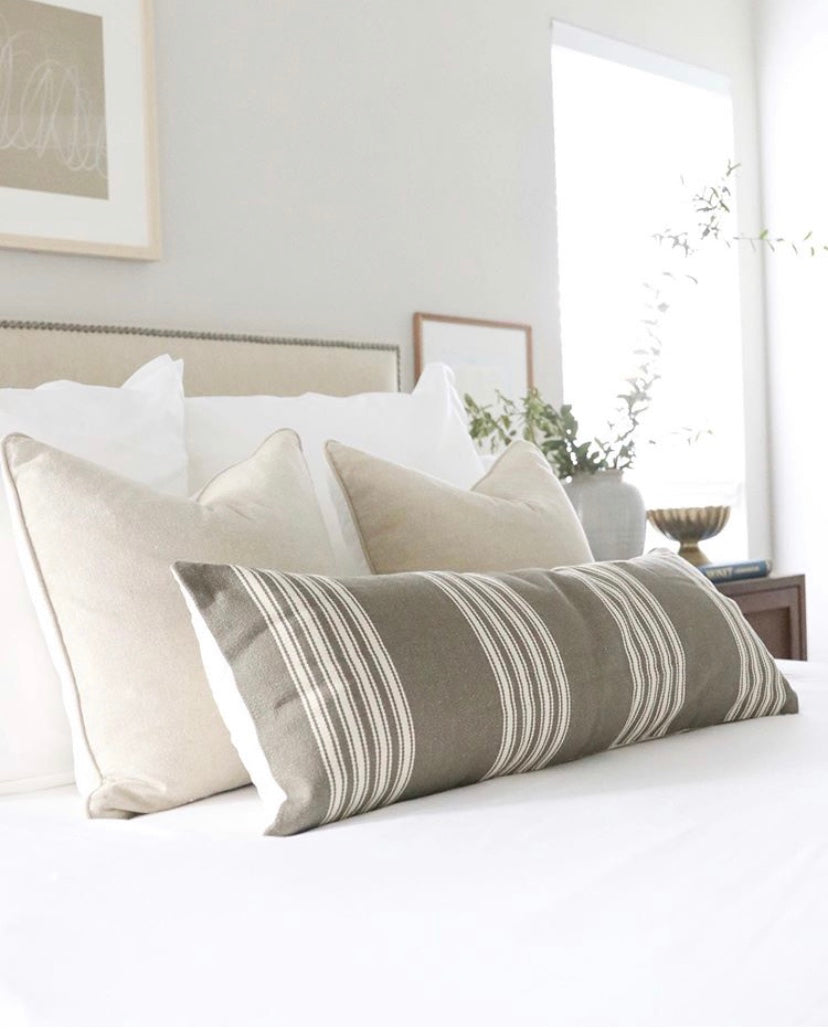 Taupe Grey & White Stripes Extra Long Lumbar Pillow - 14x36