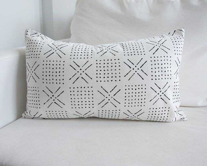 Printed Mud cloth - Black + White Lumbar Pillow - 14x22