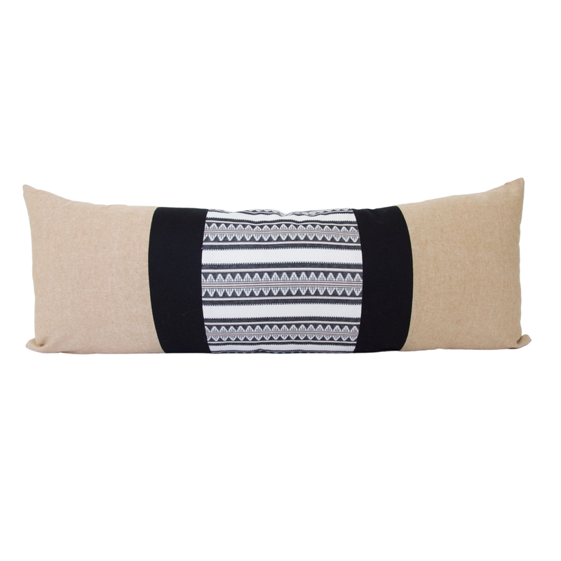 Mixed: Tan Linen, Sawtooth, and Black Linen Extra Long Lumbar Pillow - 14x36