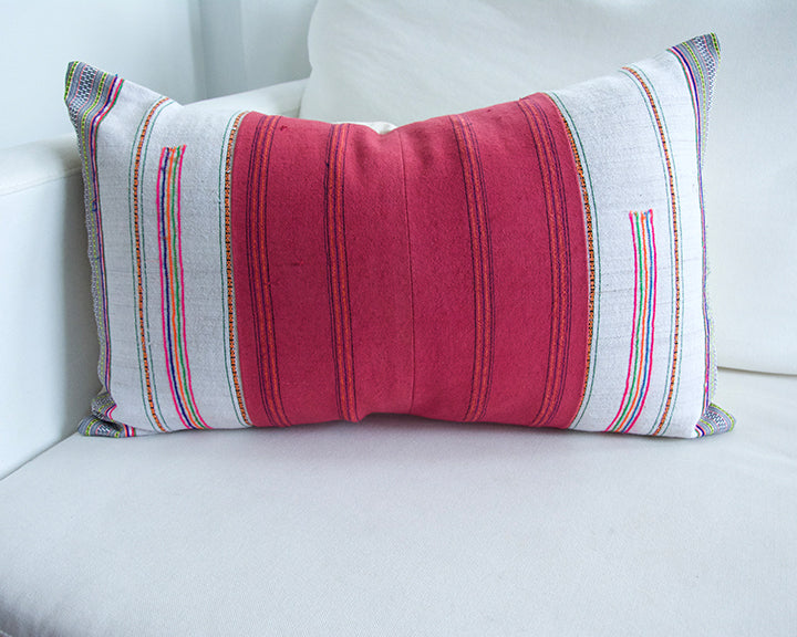 White & Pink Hmong Lumbar Pillow Case - 14x22